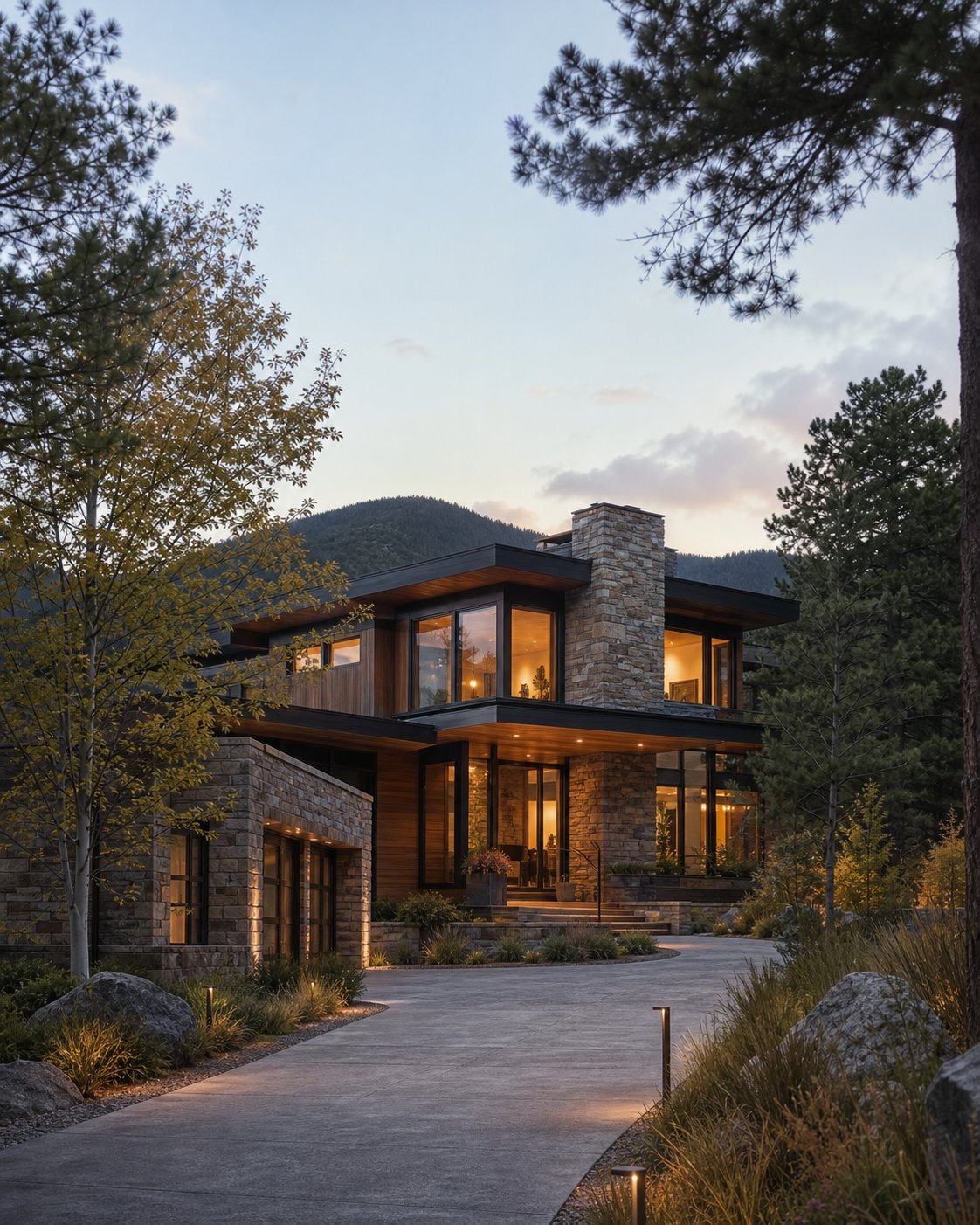 A contemporary mountain home framed by trees at dusk